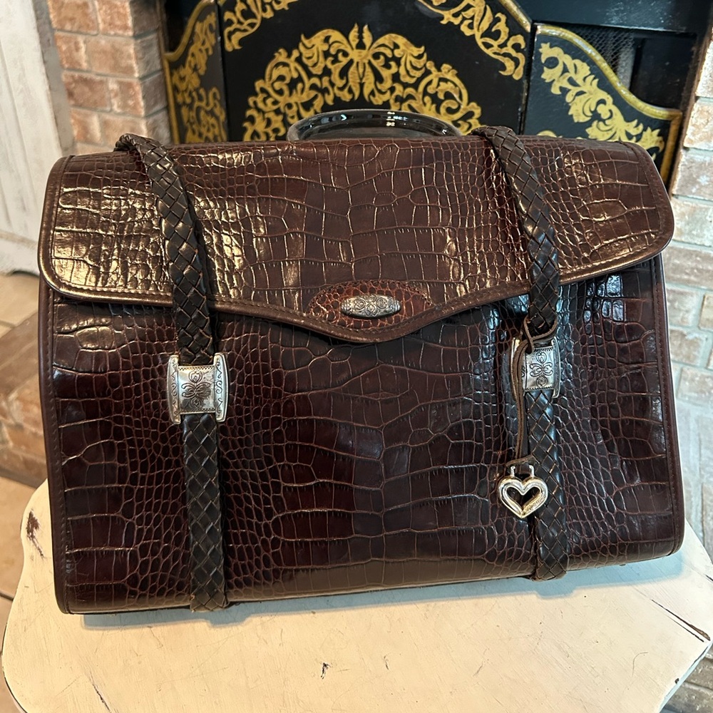 Vintage BRIGHTON Briefcase Shoulder Brown Business Laptop Bag Moc Croc NWOT